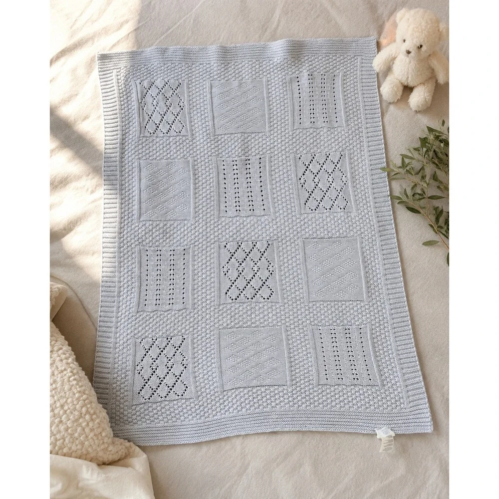 Elegant Baby Light Grey 100% Cotton Patchwork‎ Knit Pointelle Blanket